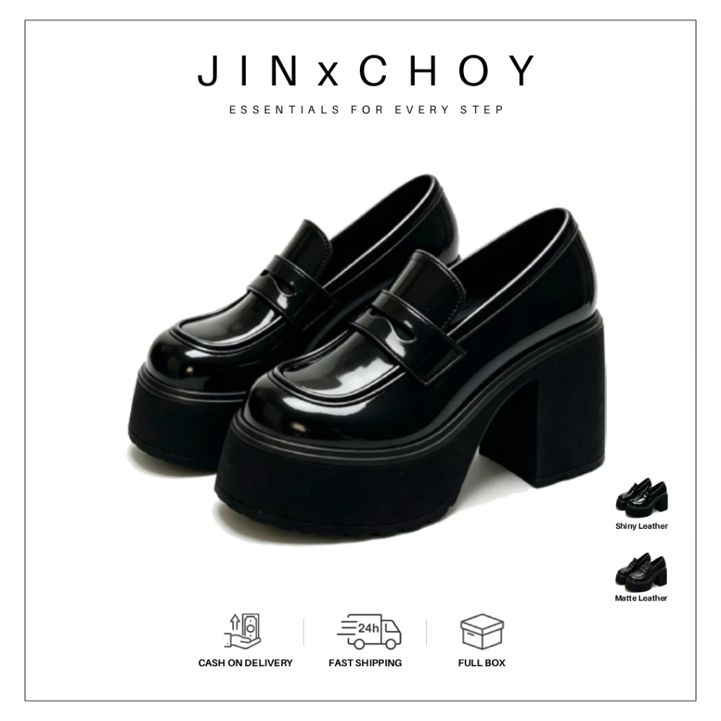 JINxCHOY รองเท้าส้นสูง หนัง PU หัวกลม ส้นหนา ขนาดเล็ก สีดํา เข้ากับทุกการแต่งกาย สําหรับผู้หญิง
