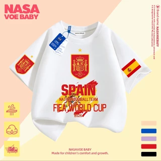 【ส่งเร็ว 24ชม】 เสื้อยืดเด็ก ลายบอลโลก ทีมชาติสเปน นสดใส ไม่ต้องรีด ระบายอากาศด