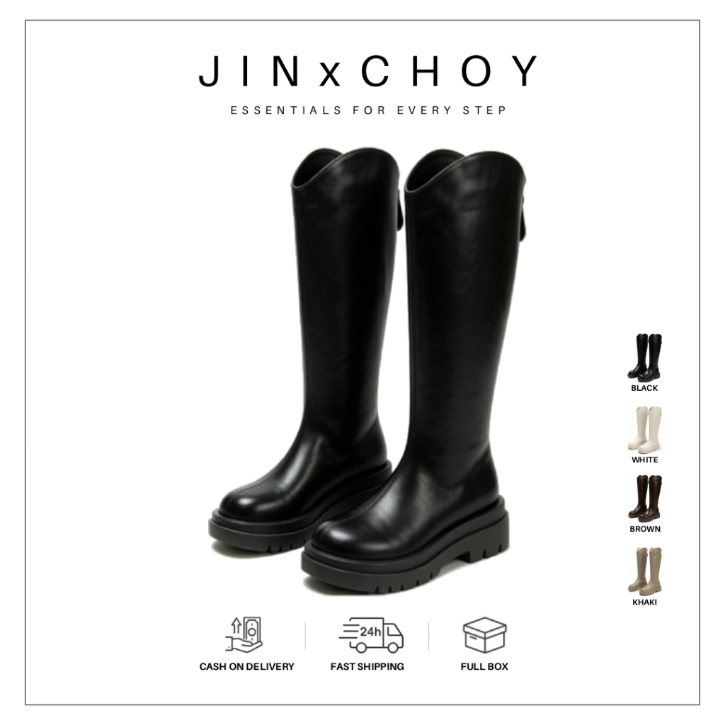 JINxCHOY รองเท้าบูทส้นสูง หนัง PUV หัวกลม แต่งซิปด้านหลัง แบบเรียบง่าย แฟชั่นฤดูหนาว สไตล์ฝรั่งเศสเรโทร สําหรับผู้หญิง