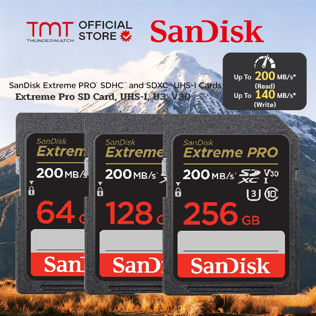 SanDisk Extreme Pro SD Card SDXC Speed R 200MBs 32GB 64GB 128GB ( SDSDXXD ) เมมโมรี่การ์ด กล้อง DSLR (SDSDXXU-064G-GN4IN) Read 200MB/s* Write 90MB/s*