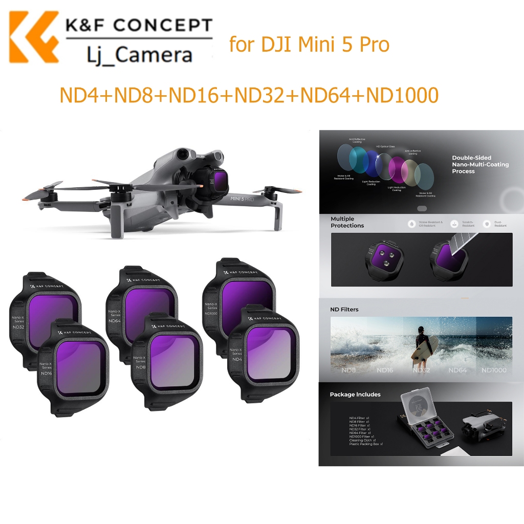K&F CONCEPT ND4+ND8+ND16+ND32+ND64+ND1000 ชุดกรองเข้ากันได้กับ DJI Mini 5 Pro