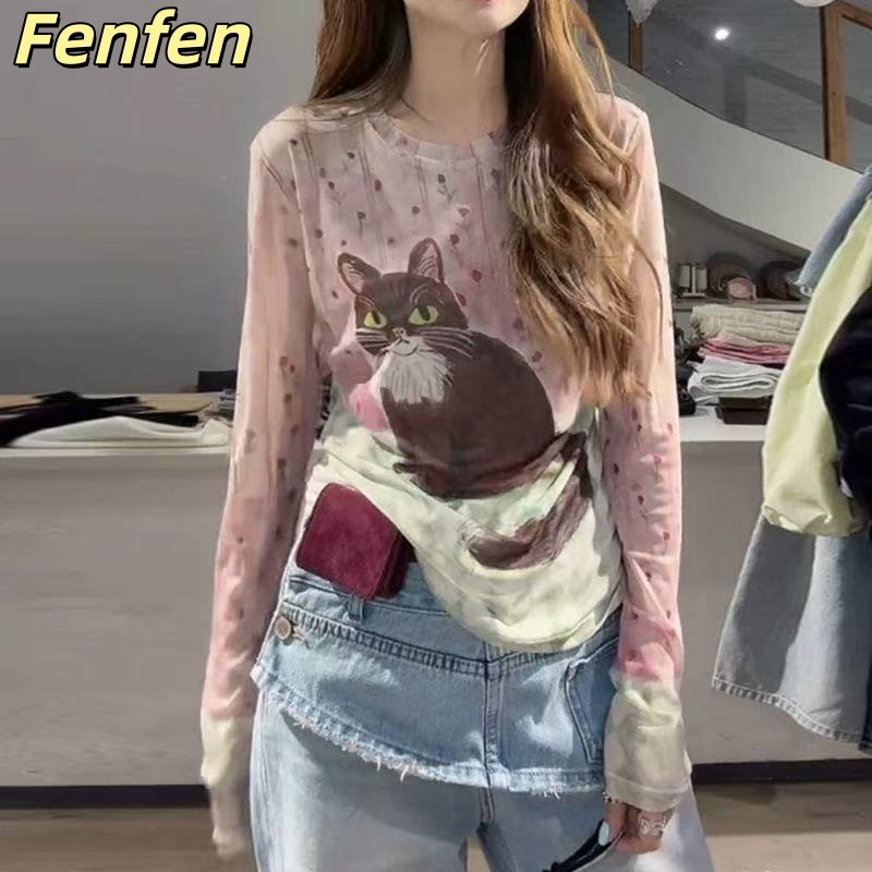 เสื้อยืดแขนยาวผ้ากอซลูกแมวดอกไม้สำหรับผู้หญิง สไตล์ใหม่ สำหรับฤดูร้อนและป้องกันแสงแดด