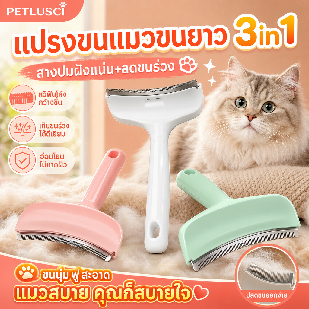 PETLUSCI หวีแปรงขนสัตว์เลี้ยง สางปมฝังแน่น+ลดขนร่วง แปรงกำจัดขนร่วง ขจัดขนชั้นในได้หมด หวีกำจัดขน หวีแมว หวีสุนัข