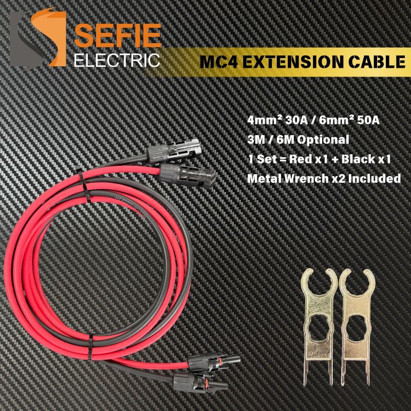 SEFIE MC4 สายต่อสําหรับแผงโซลาร์เซลล์ 4mm2 30A / 6mm2 50A 3M 6M สีแดงสีดําคู่ 2 ประแจโลหะ