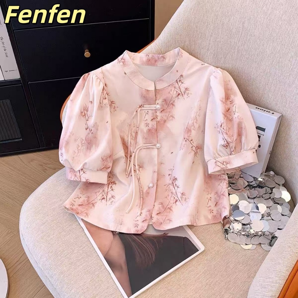 เสื้อชีฟองผู้หญิงสไตล์จีน แขนพัฟ ลายพิมพ์ ปุ่มแผ่นดิสก์ ทรงสูงสุด เหมาะสวมใส่ในฤดูร้อน