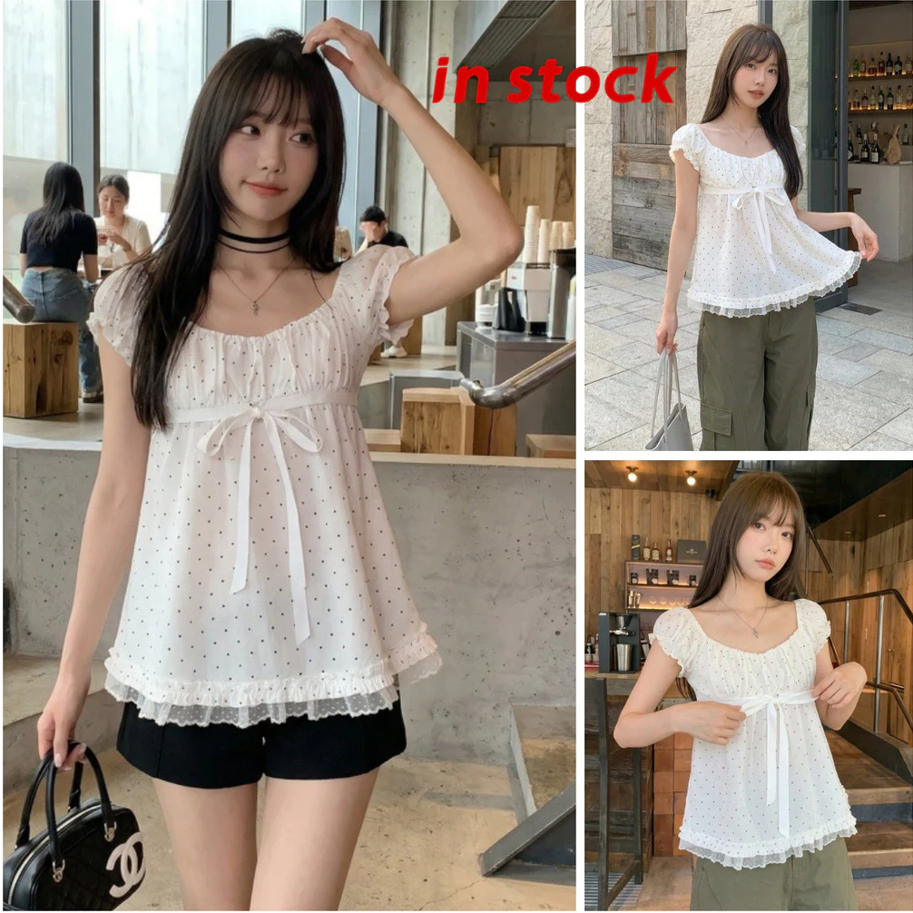 [Grojoy] (คลังสินค้าพร้อม) เสื้อผ้าสุภาพสตรี 2026 ฤดูร้อนสไตล์ใหม่แฟชั่นหลวม Polka Dot ลูกไม้พัฟแขนแขนสั้นด้านบน A0043 #