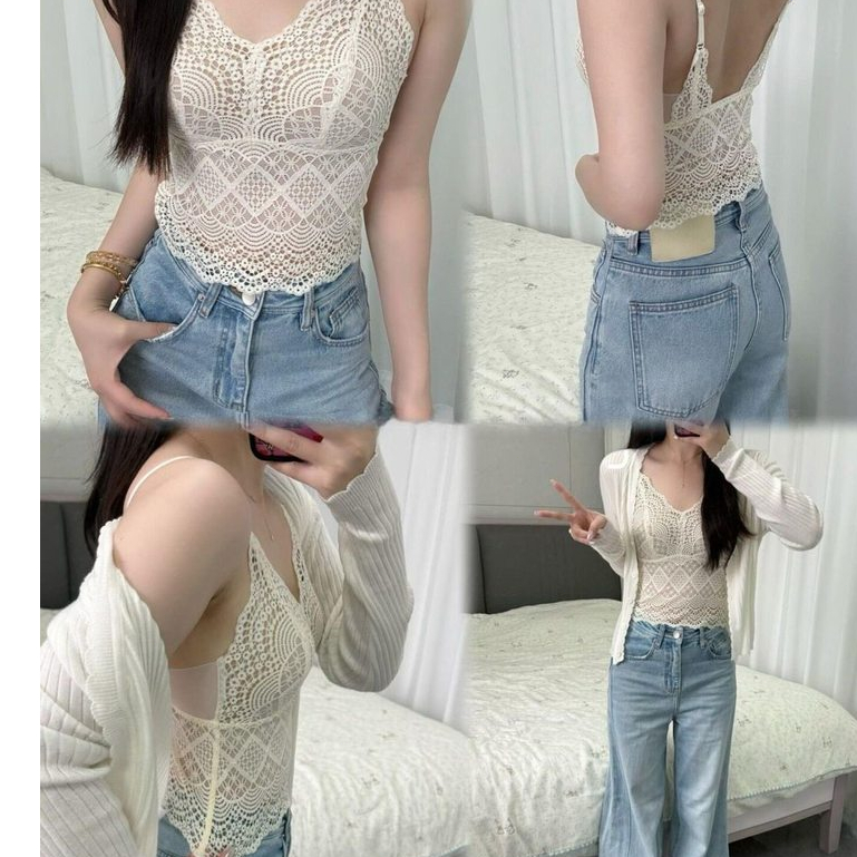French Pure Desire Crochet Hollow Lace Camisole Womens Own Chest Pad