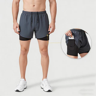 กางเกงวิ่งขาสั้นชาย 2 in 1ซับในเนื้อผ้าเย็น กางเกงกีฬาขาสั้น มีกระเป๋า2ข้าง กับกระเป๋าหลัง