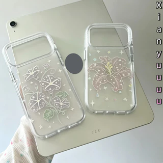 Glitter Clear Lily & Morning Glory กันชนนุ่ม Hard กลับดอกไม้น่ารักออกแบบกันกระแทกพร้อมโซ่สําหรับ IPhone17 16 15 14 13 Pro Max