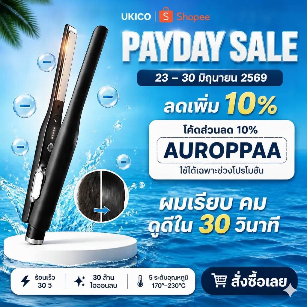 UKICO เครื่องหนีบผมสําหรับผู้ชายสําหรับจัดแต่งทรงผม เครื่องหนีบผม 5 ระดับ 170-230°C หนีบผมตรง ร้อนเร็ว 30s ไอออน 30 ล้าน ตัดไฟอัตโนมัติ รับประกัน 3 ปี