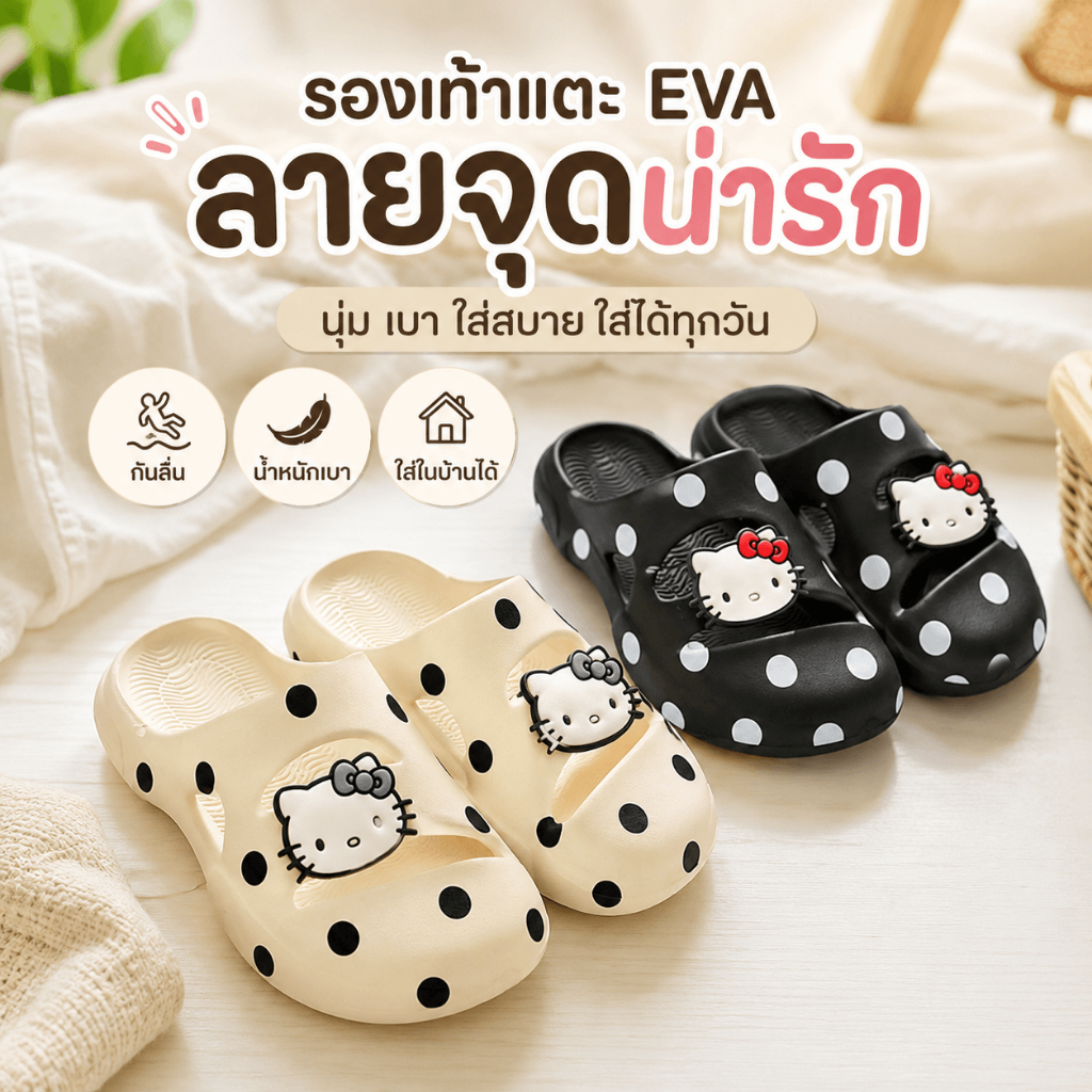 W8F3 รองเท้าแตะ EVA คล็อก Hello Kitty ลายจุดน่ารัก การ์ตูนคิตตี้ พื้นนุ่ม กันลื่น น้ำหนักเบา ใส่สบาย เดินได้นานไม่เมื่อยเท้า