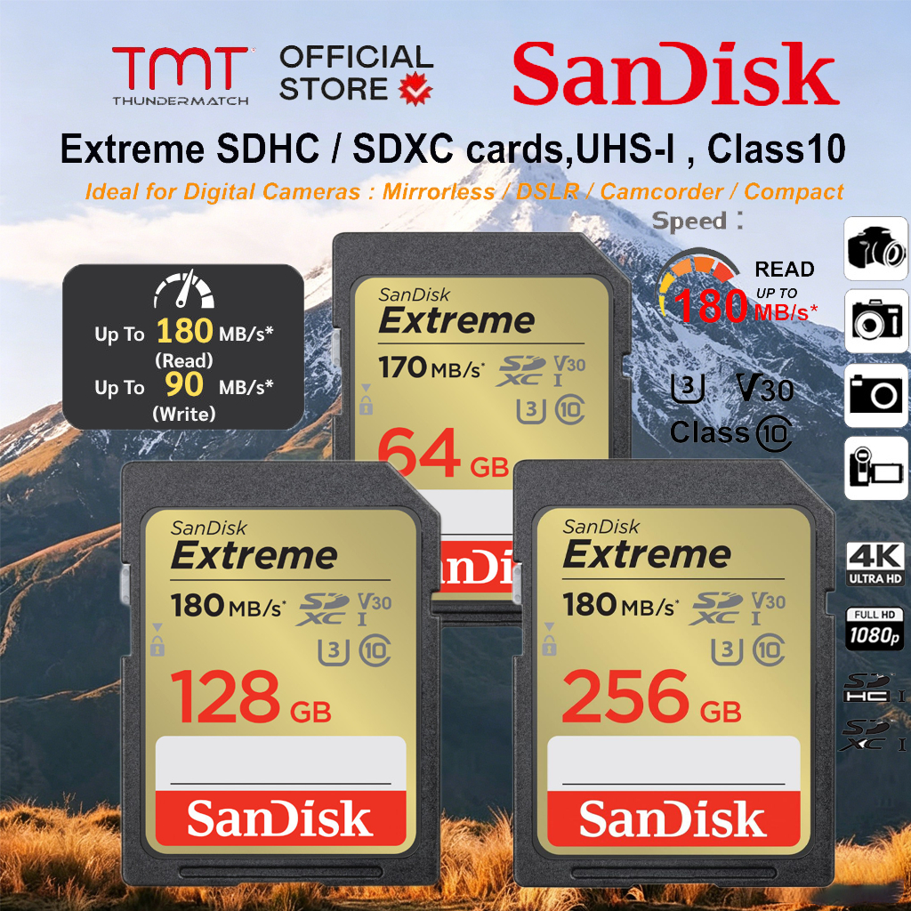 SDcard Extreme 32GB/64GB/128GB/256GB (180MB/s) SAN/DISK  UHS-I U3 C10 V30 sdcard แท้ Memory card  (SDSDXVT) เมมโมรี่การ์ด SDCARD Lifetime