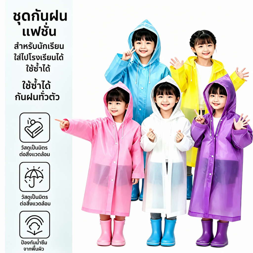 เสื้อกันฝนเด็กทําจากวัสดุ อีวา แบบหนาสามารถปกป้องทั้งร่างกายจากฝนเหมาะสําหรับสวมใส่เมื่อโรงเรียน