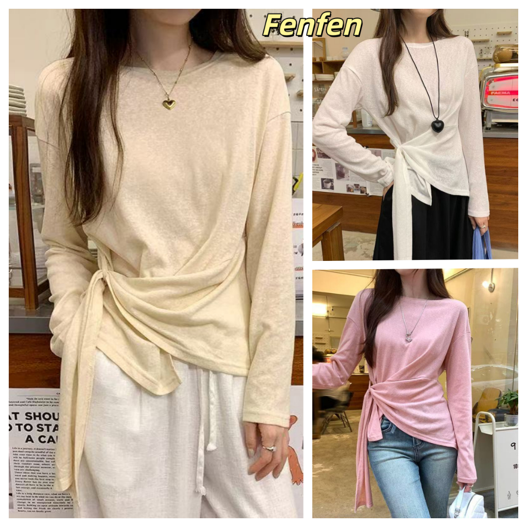 เสื้อแขนยาวสีขาวแคบเอวลายเฉพาะตัว สำหรับผู้หญิง ใส่สบายตลอดฤดูร้อน