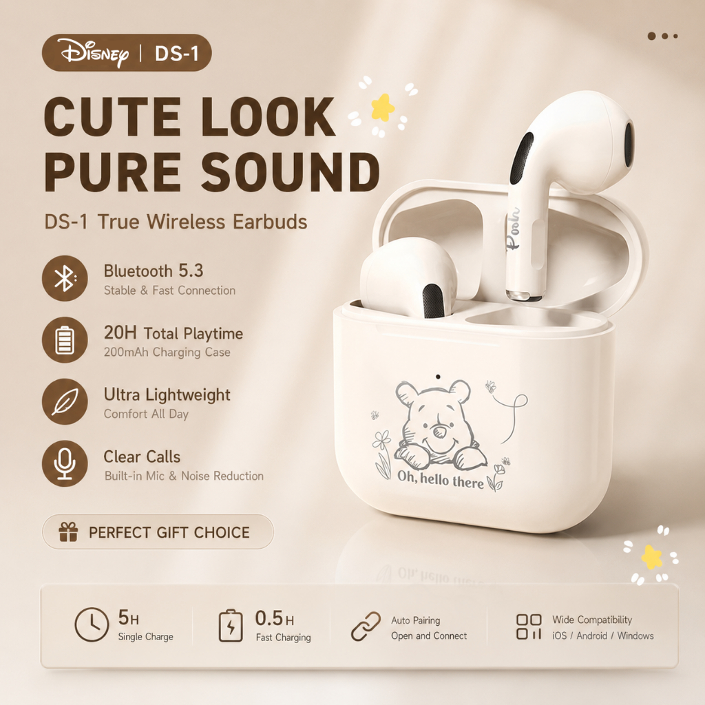 Disney DS-1 Graffiti Series IP Collaboration น่ารักและพกพาเพลงกีฬาสบาย Half-In-Ear Passive Noise-Cancelling หูฟังบลูทูธสําหรับ Apple และ Android