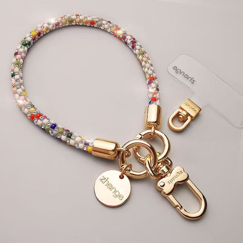 Rhinestone Pearl สายรัดข้อมือโทรศัพท์มือถือพร้อมคลิปหมุน Girly กระพริบเพชร Lanyard Gold Hardware Charm พวงกุญแจกระเป๋าเครื่องประดับโซ่