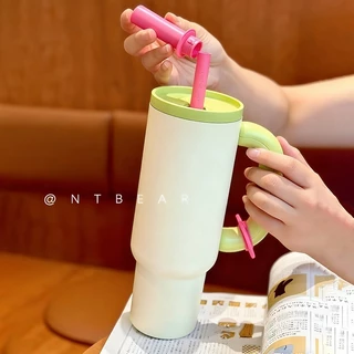 แก้วเก็บความเย็น/ร้อน สแตนเลสแท้ สแตนเลส 304 ขนาด 1200ml มีหูจับ แถมหลอด