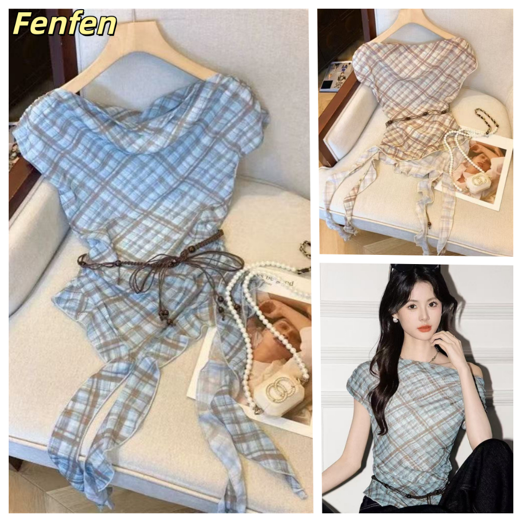 Sweet Contrast สีลายสก๊อตเสื้อยืดแขนกุดผู้หญิงฤดูร้อนการออกแบบไม่สม่ําเสมอ Sense Slim-fit Slimmer ดูด้านนอก