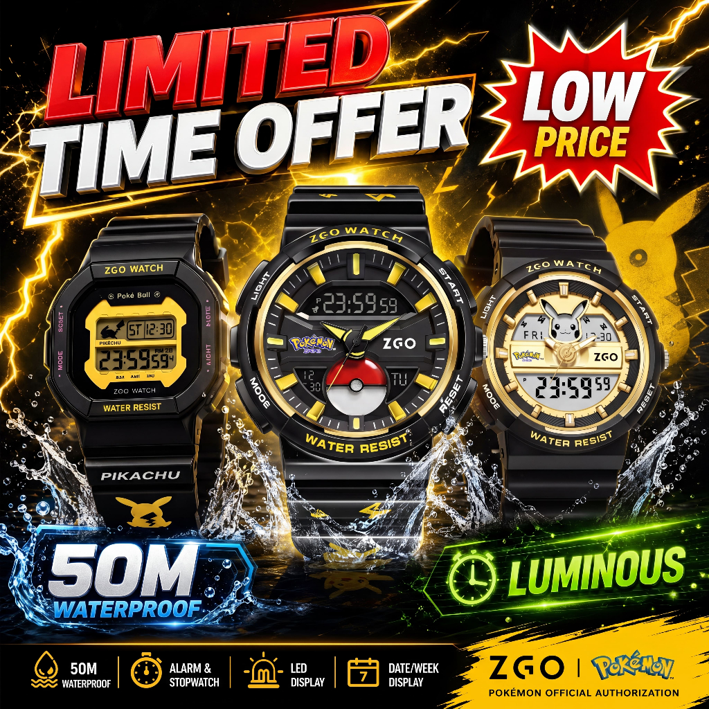 ZGO x Pokémon Pikachu โปเกมอน นาฬิกาเด็กผู้ชาย กันน้ำ 50 เมตร มีฟังก์ชันเรืองแสงกลางคืน จอ LED ดิจิทัล นาฬิกาสปอร์ต มัลติฟังก์ชัน 8572