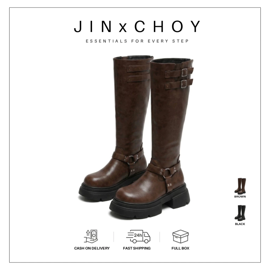 JINxCHOY เข็มขัดหัวสีน้ําตาล All-Match Retro กับรองเท้าหนังPU ยี่ห้อ Knight Sole สำหรับฤดูใบไม้ร่วงและฤดูหนาว ใส่ง่าย ทนทาน และป้องกันการลื่นไถล
