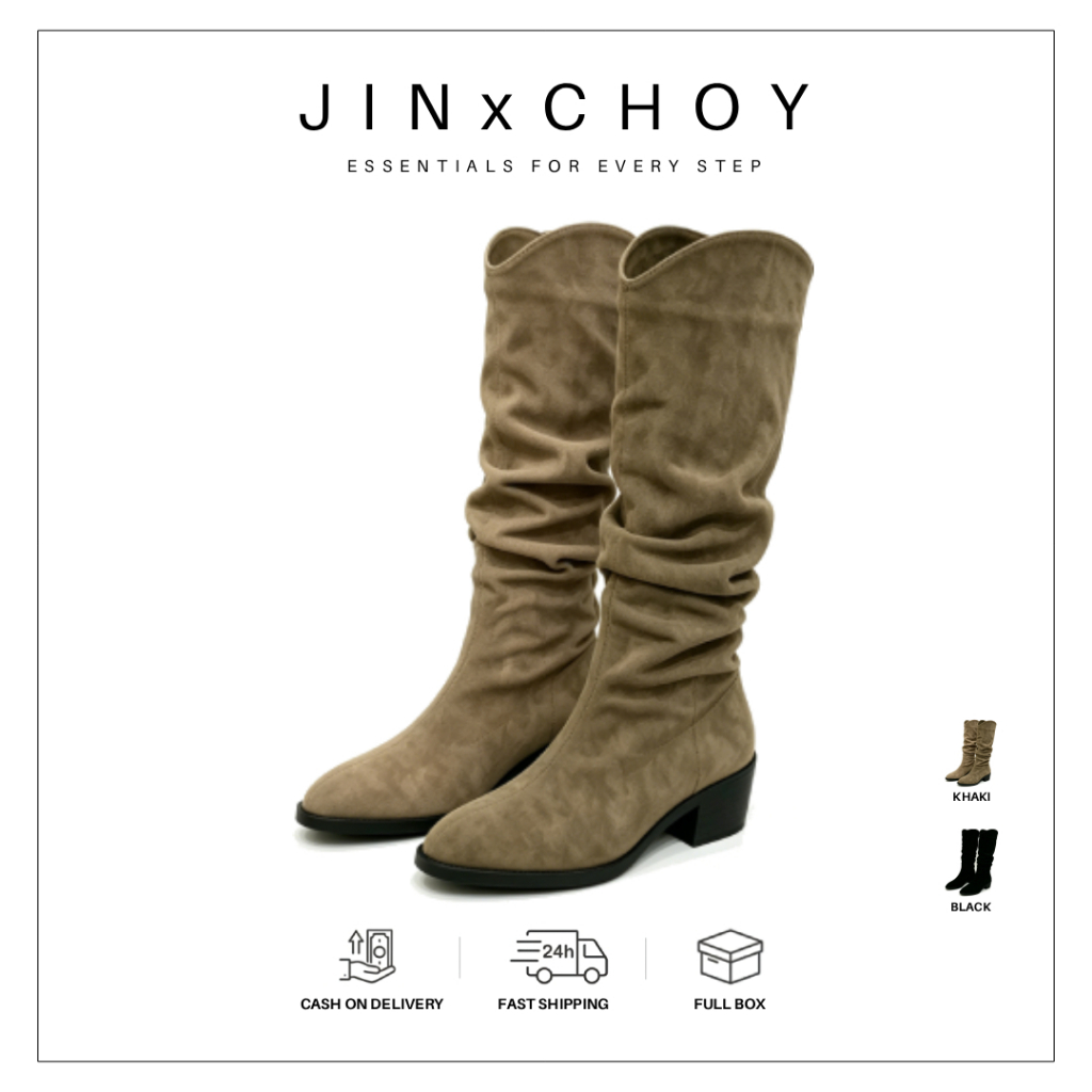 JINxCHOY รองเท้าบูทแฟชั่นทรงสูงหนังนิ่มสำหรับฤดูหนาว PU เกาหลียืดหยุ่นระบายอากาศได้แขนเสื้อให้ความอบอุ่นและกันลื่นวัยรุ่นเฉพาะกลุ่มรองเท้าอัศวินทรงสูงราคาขายส่งโรงงานหญิง