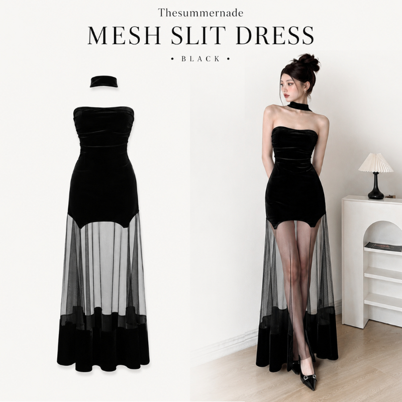🖤เดรส MESH SLIT DRESS ผ้ากำมะหยี่สายคล้องคอ ตาข่ายโปร่งปลายยาวสไลด์สูง ทรงรัดรูปชุดราตรีสไตล์เซ็กซี่