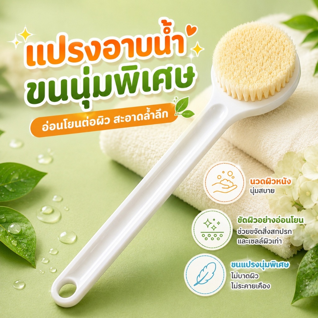 แปรงอาบน้ำ 🛁 แปรงขัดผิว 🧖‍♀️ ด้ามยาว ไม่ต้องก้ม 👐 บอบบาง ✨ ดูแลผิวให้นุ่มสวย 💖S00167