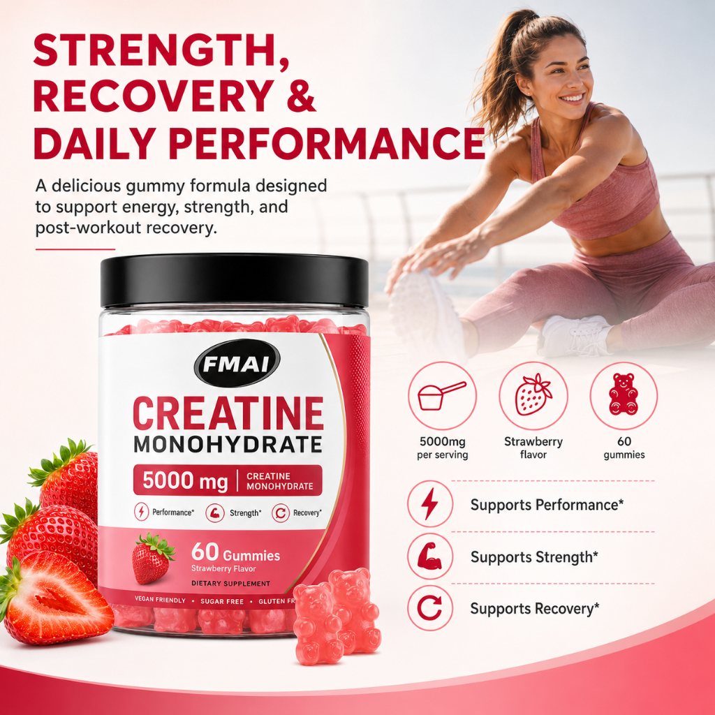 FMAI Creatine Monohydrate Gummies พร้อมวิตามิน B12 & 5000mg Chewable Creatine สําหรับผู้หญิงและผู้ชาย, L- Taurine อาหารเสริมสําหรับการกู้คืน, Growth & Performance,Vegan Strawberry Flavour