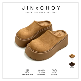 JINxCHOY ฤดูใบไม้ร่วงฤดูหนาวสวมใส่ด้านนอกสบาย All-Match Lazy One-Pedal เวอร์ชั่นเกาหลีแพลตฟอร์มด้านล่าง Retro กลางส้นหนาด้านล่างขนแกะ Warm Anti-Slip รองเท้าแตะครึ่งขายส่ง