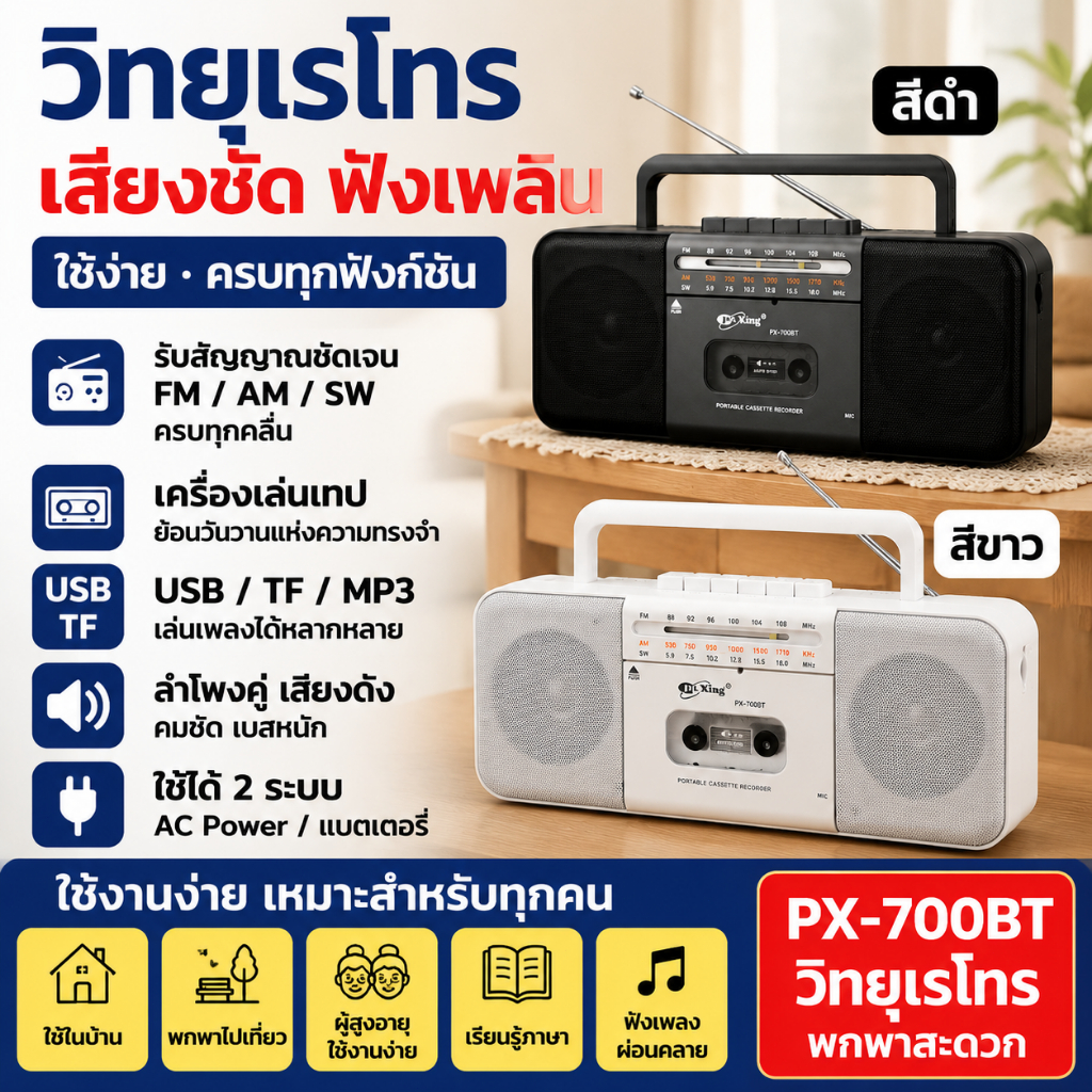 วิทยุเทปพกพา วิทยุเรโทร FM AM SW เครื่องเล่นเทปคาสเซ็ต บันทึกเสียง รองรับ MP3 USB TF พร้อมลำโพง