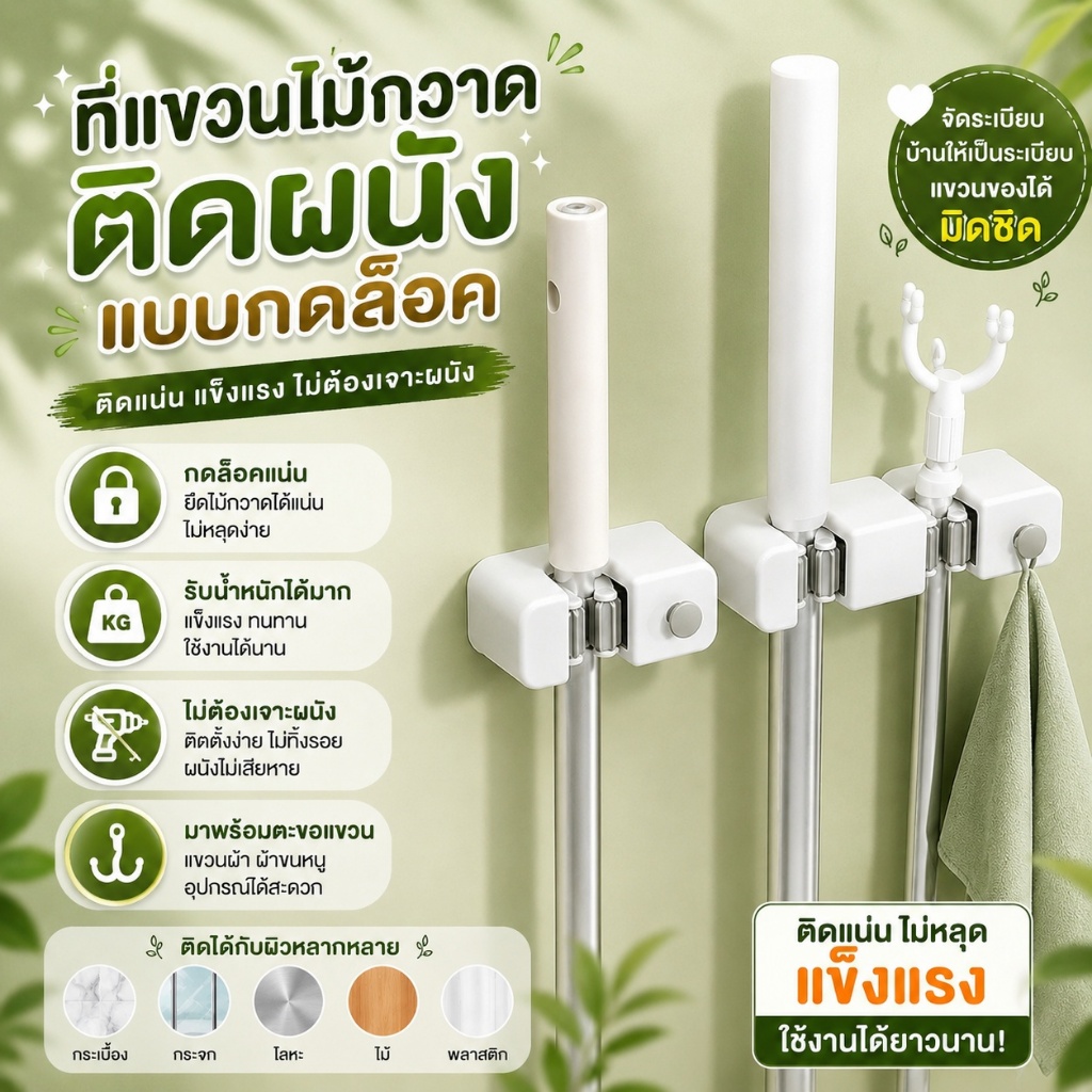 A00203 ที่วางไม้กวาดแบบติดผนังไม่มีการเจาะติดตั้งง่ายขนาดใหญ่น้ําหนักสีขาวที่ยึด
