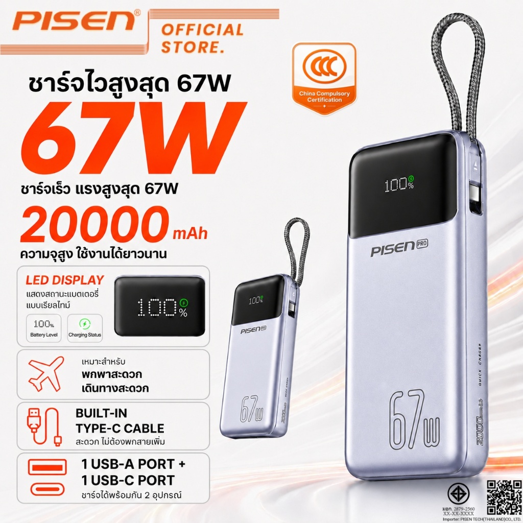 PISEN Bolt CCC Powerbank 20000mAh 67W Build in Type C Cable ชาร์จเร็ว TP-D108