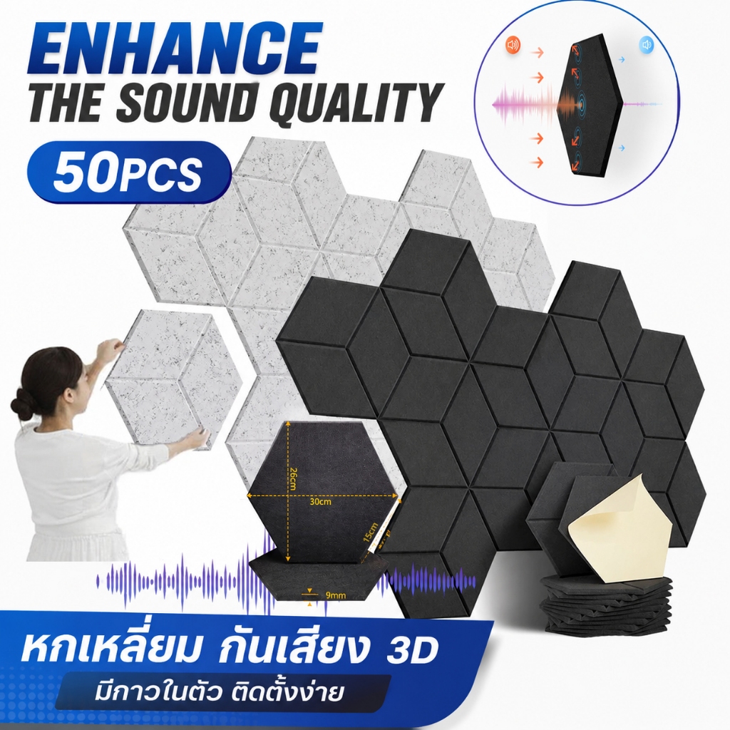 แผ่นซับเสียง 50แพ็ค โฟมซับเสียง แผงซีลประตู มีกาวในตัว ลดเสียงสะท้อน เกรดกันไฟลาม ของตกแต่งผนัง