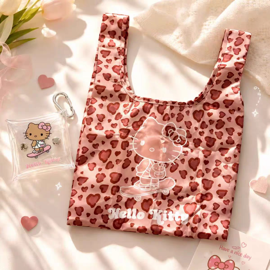 มาใหม่! Hello Kitty Pink Leopard Print Folding Eco-Friendly Shopping Bag Portable Tote Bag