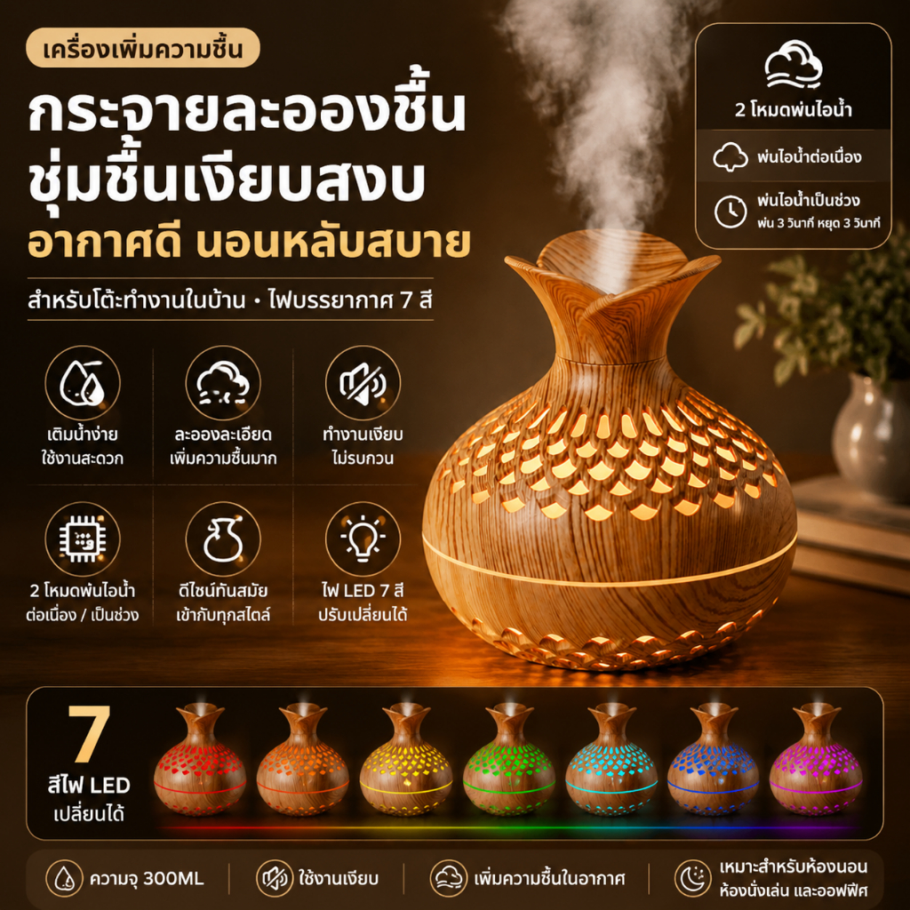 ✈จัดส่งในพื้นที่✈ ดิฟฟิวเซอร์ ลายไม้ ดอกไม้ฉลุ ไฟ 7 สี USB เงียบ พ่นหมอก ตั้งเวลา ใช้ในบ้าน โต๊ะทำงาน ช่วยนอนหลับ Aroma Diffuser