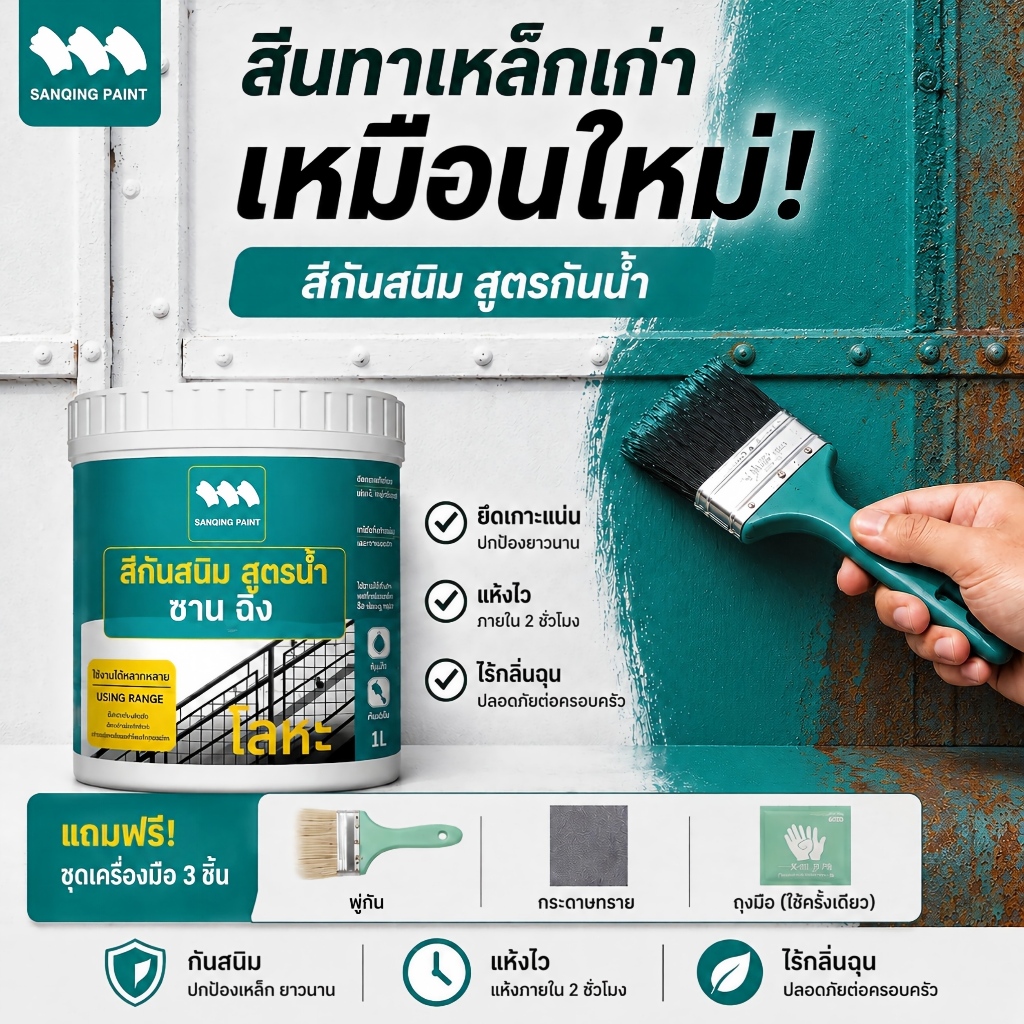 【3000ML】SANQING สีทาเหล็กกันสนิมสูตรน้ำ  แห้งไวใน 2 ชม. ปกปิดเนียนกริบ กันแดดกันฝน ใช้ได้ทั้งประตู รั้ว เหล็กดัด และงานเหล็กทุกชนิด แถมฟรีอุปกรณ์ทาสี 5 ชิ้น