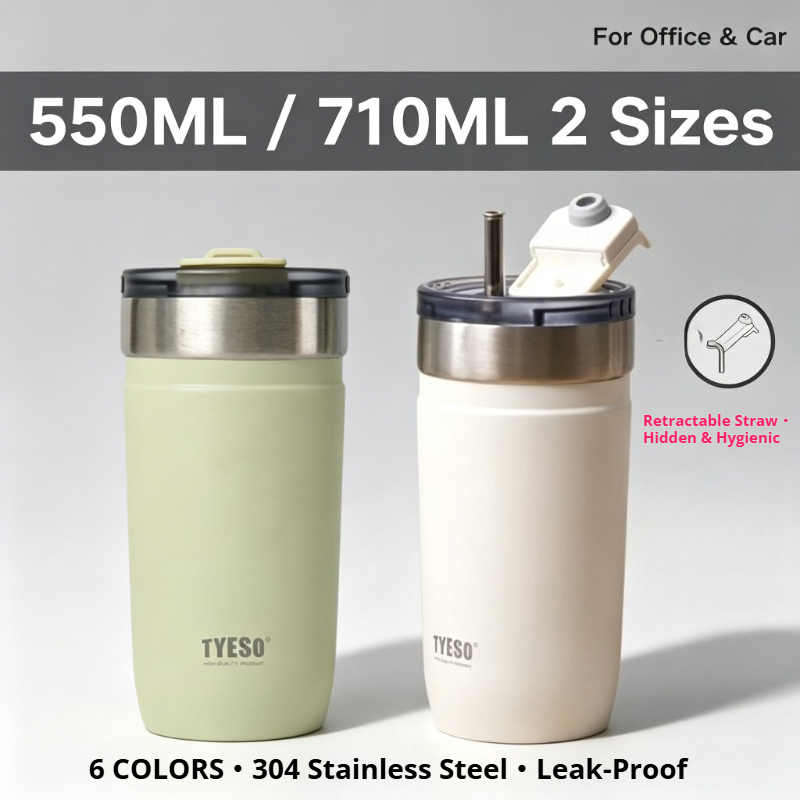 【LUCKY】TYESO แก้วเก็บความเย็นแบบพกพาพร้อมหลอดดูด ทำจากสแตนเลส 304 เก็บความเย็นได้ดี เหมาะสำหรับใช้ในสำนักงานหรือระหว่างเดินทาง ป้องกันการรั่วซึม ความจุ 550 มล. และ 710 มล.