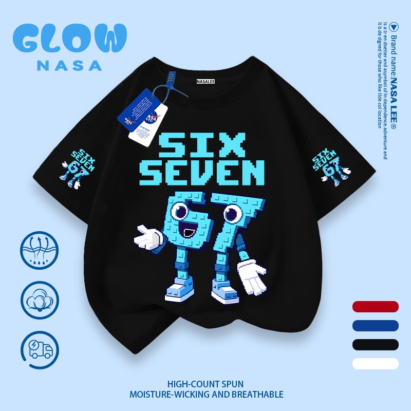 [จัดส่งกรุงเทพ] NASA Children Black Pure Cotton Short-Sleeved Popular sixseven3-16 Years Boys Girls Trend Cool All-Match Short-Sleeved Top