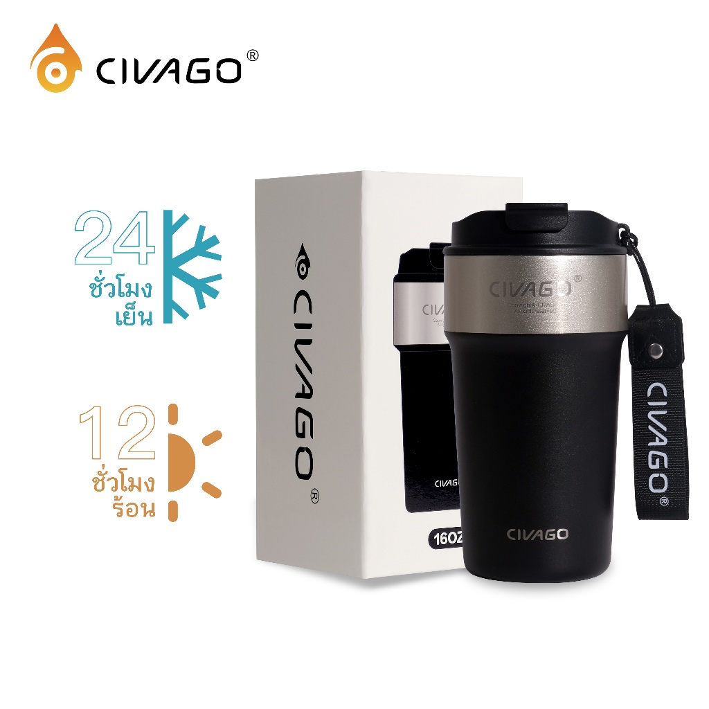 CIVAGO（16oz/480ml）แก้วกาแฟสแตนเลสซับเซรามิกพร้อมฝาปิดกระติกน้ําสูญญากาศแก้วน้ําร้อนและเย็น