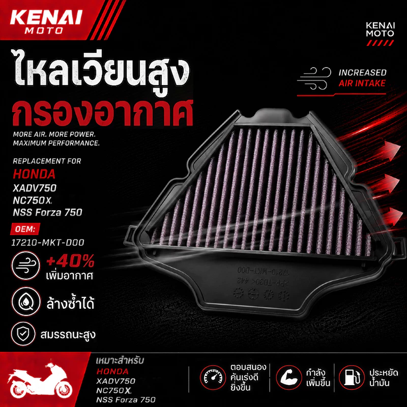 【KENAI】Honda XADV750 21-> NC750 21-> NSS Forza 750 21-> ไส้กรองอากาศสูงสำหรับรถยนต์แข่ง ไส้กรองอากาศแบบซักได้ 17210-MKT-