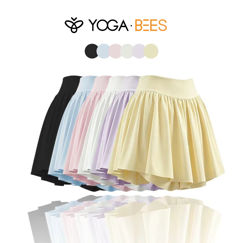 โยคะ BEES Flowy จีบเอวสูง Skort พร้อมกางเกงขาสั้นด้านใน Quick Dry Tennis Golf Daily Casual กระโปรงมินิ