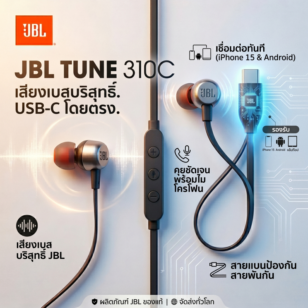 JBL Tune 310C หูฟังอินเอียร์ USB-C หูฟังแบบมีสายพร้อมไมโครโฟนและรีโมท