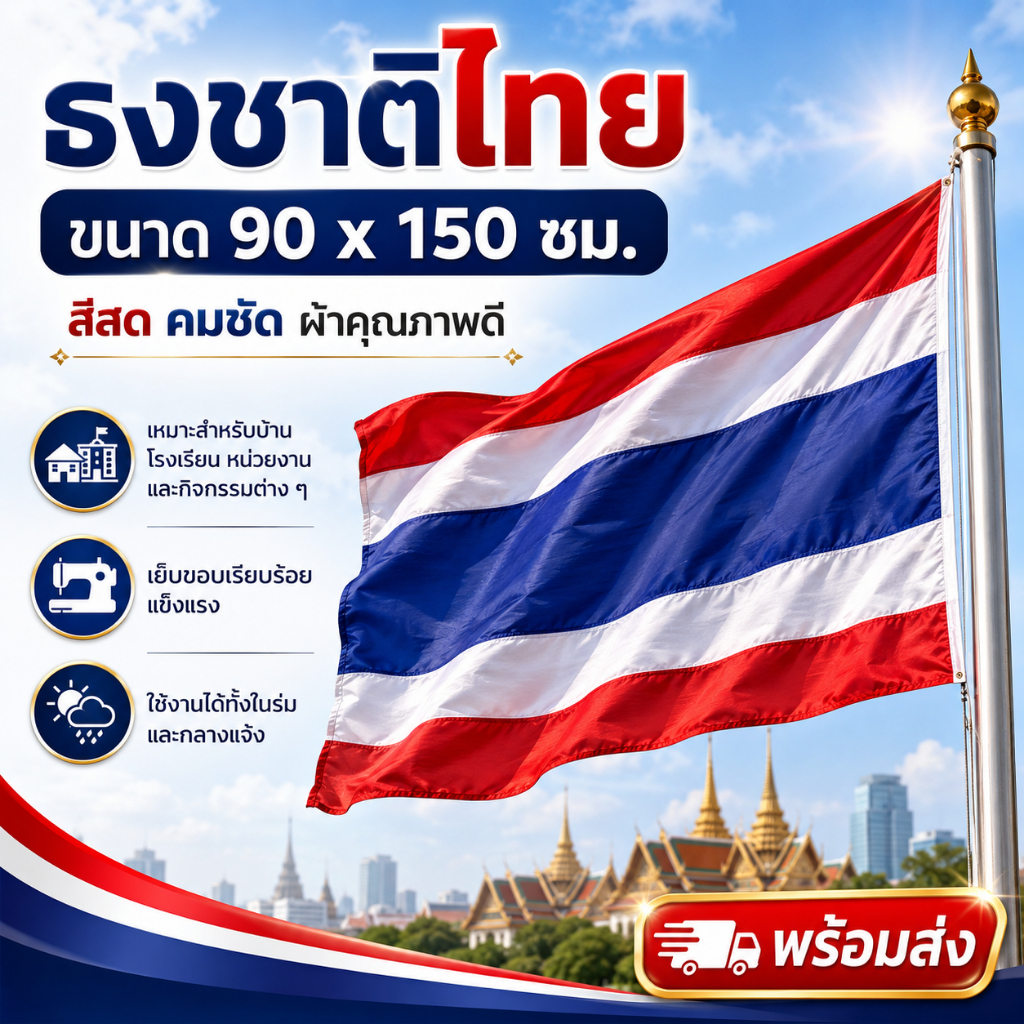 ธงชาติไทย ขนาด 90 x 150 ซม. สีสดคมชัด ผ้าคุณภาพดี เย็บขอบแข็งแรง เหมาะสำหรับบ้าน โรงเรียน หน่วยงาน และงานพิธี