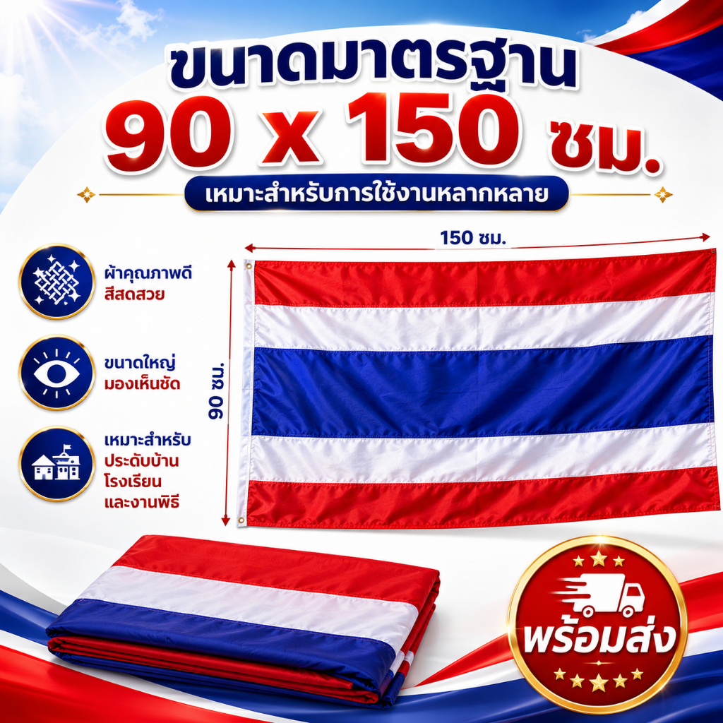 ธงชาติไทย ขนาด 90 x 150 ซม. สีสดคมชัด ผ้าคุณภาพดี เย็บขอบแข็งแรง เหมาะสำหรับบ้าน โรงเรียน หน่วยงาน และงานพิธี