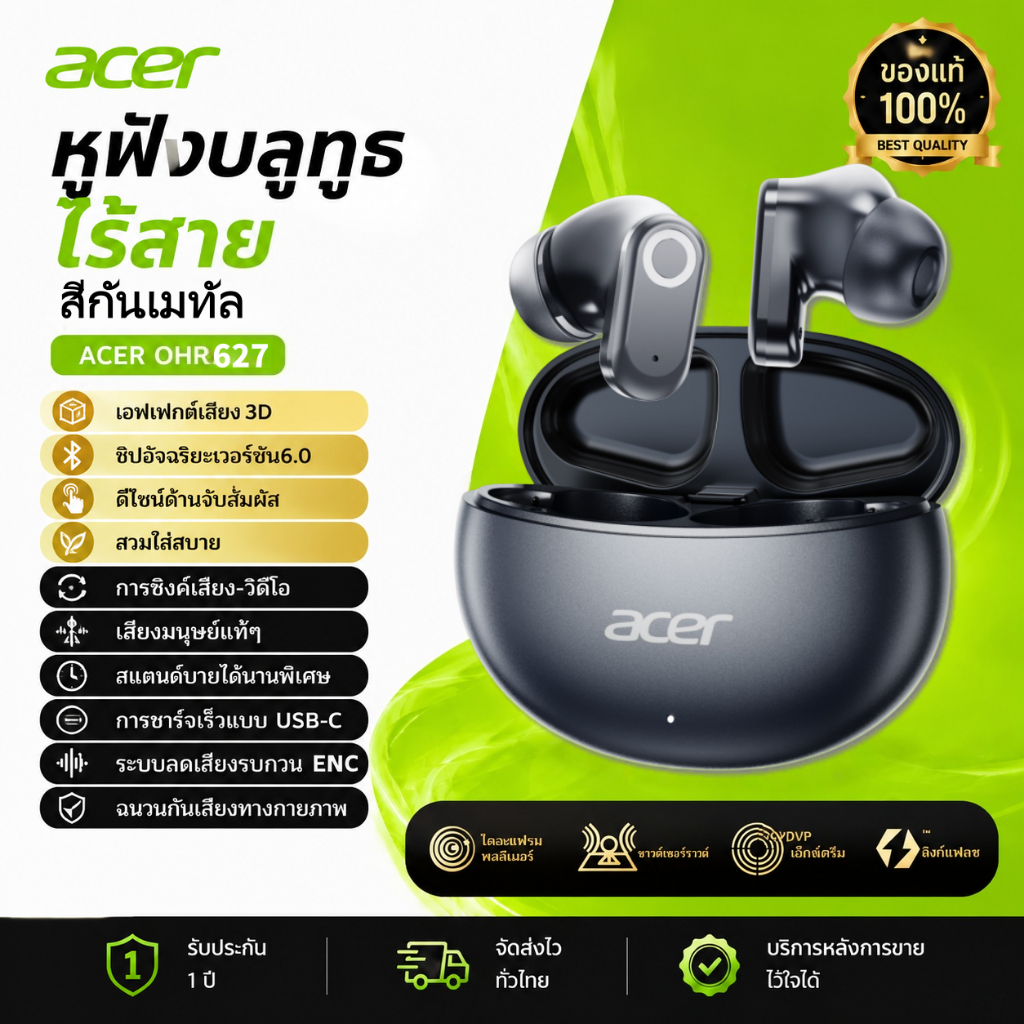 Acer OHR627 หูฟังไร้สาย Bluetooth6.0 ไมค์ENC แบตใช้งาน20ชม ดีไซน์ก้านสั้นเบาสวม เหมาะพกพาเดินทาง ทนทานใช้งานได้นาน ⚪️⚫️