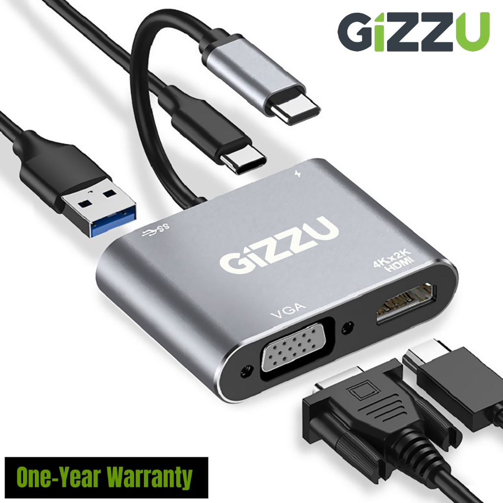 Gizzu 4-in-1 Type-C ถึง 4K@30HZ HDMI, 1080p@60Hz VGA, USB3.2 Gen 2 Converter PD 100W fast charge adapter สําหรับ MacBook/Chrome Book GAPCHVUPD