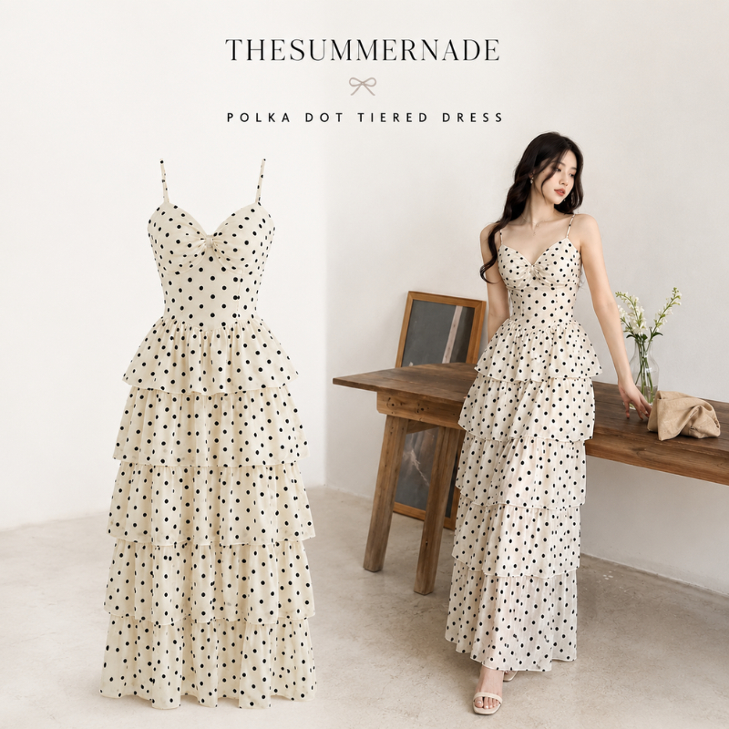 ⚫เดรส POLKA DOT TIERED DRESS สายเดี่ยวคอวีมัดทับ ลายจุดโพลก้า กระโปรงเค้กหลายชั้นยาวสไตล์หวานเกาหลี