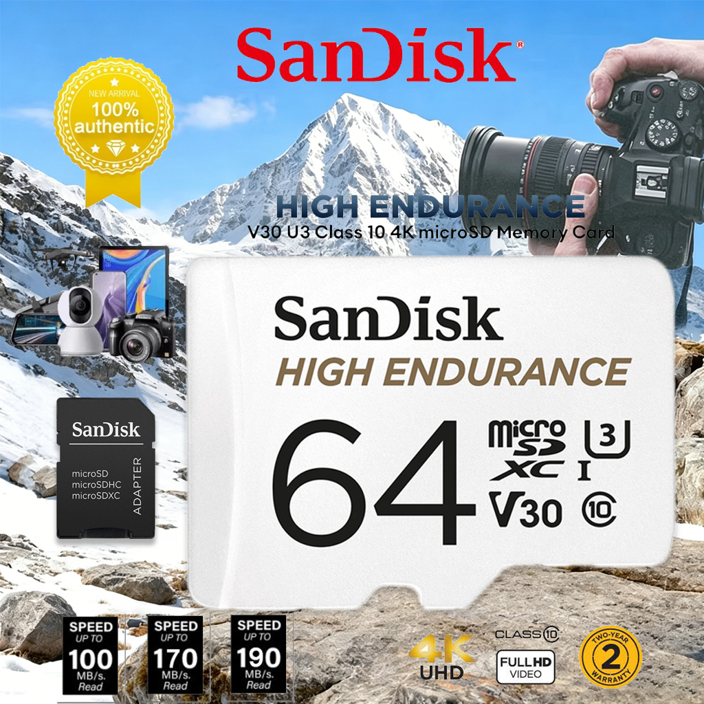 SanDisk High Endurance microSD 64GB (SDSQQNR-064G-GN6IA) สำหรับกล้องวงจรปิด ความเร็วสูงสุดอ่าน 100 MB/s เขียน 40 MB/s