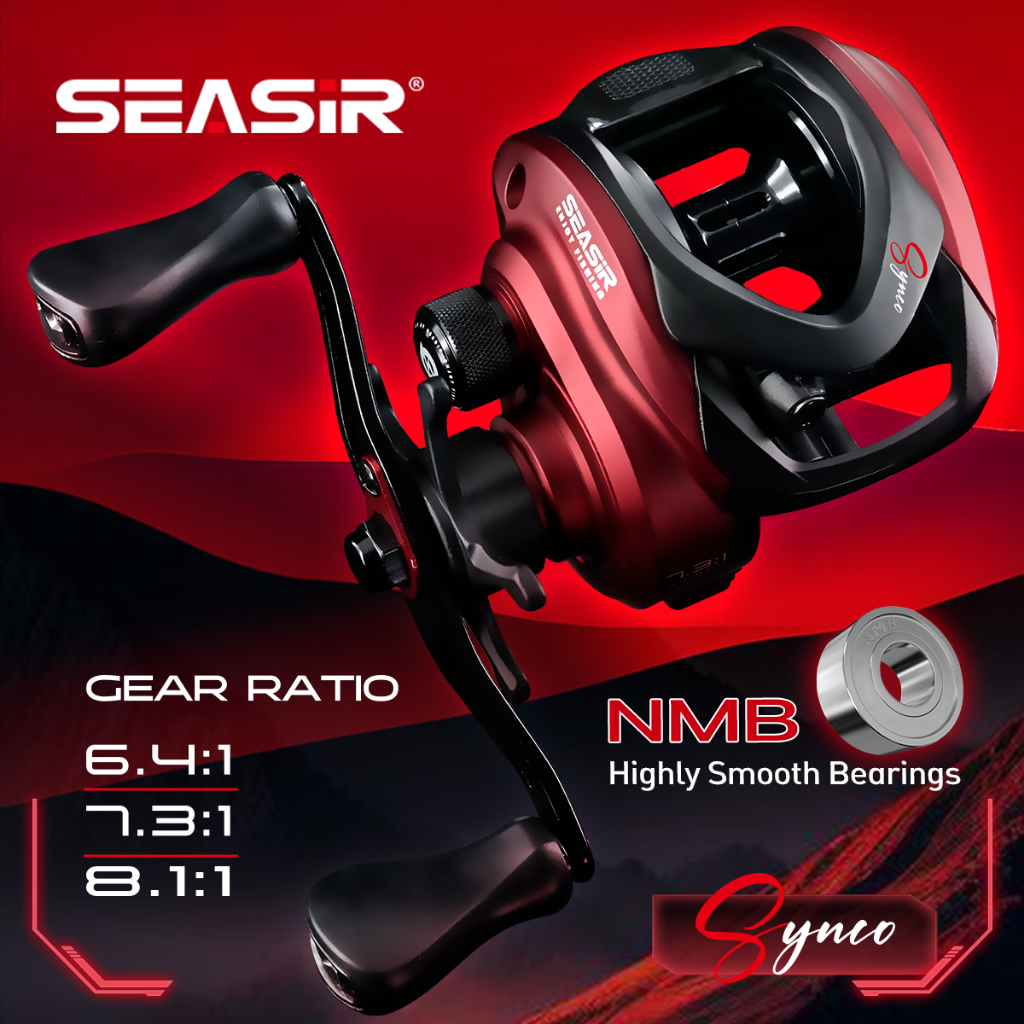 SEASIR SYNCO รอกเบทคาสติ้ง  อัตราทดเกียร์ 6.4/7.3/8.1 เฟืองทองเหลือง ลูกปืน NMB (5+1) ทนน้ำเค็ม แรงเบรก 8 กก. มีระบบเสียงคลิกเกอร์ ใช้ได้ทั้งน้ำจืดและน้ำเค็ม