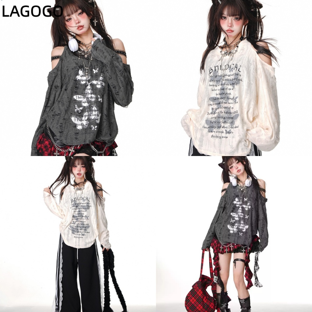 เสื้อยืดแขนยาวปิดไหล่ สไตล์อเมริกันใหม่ สำหรับผู้หญิง